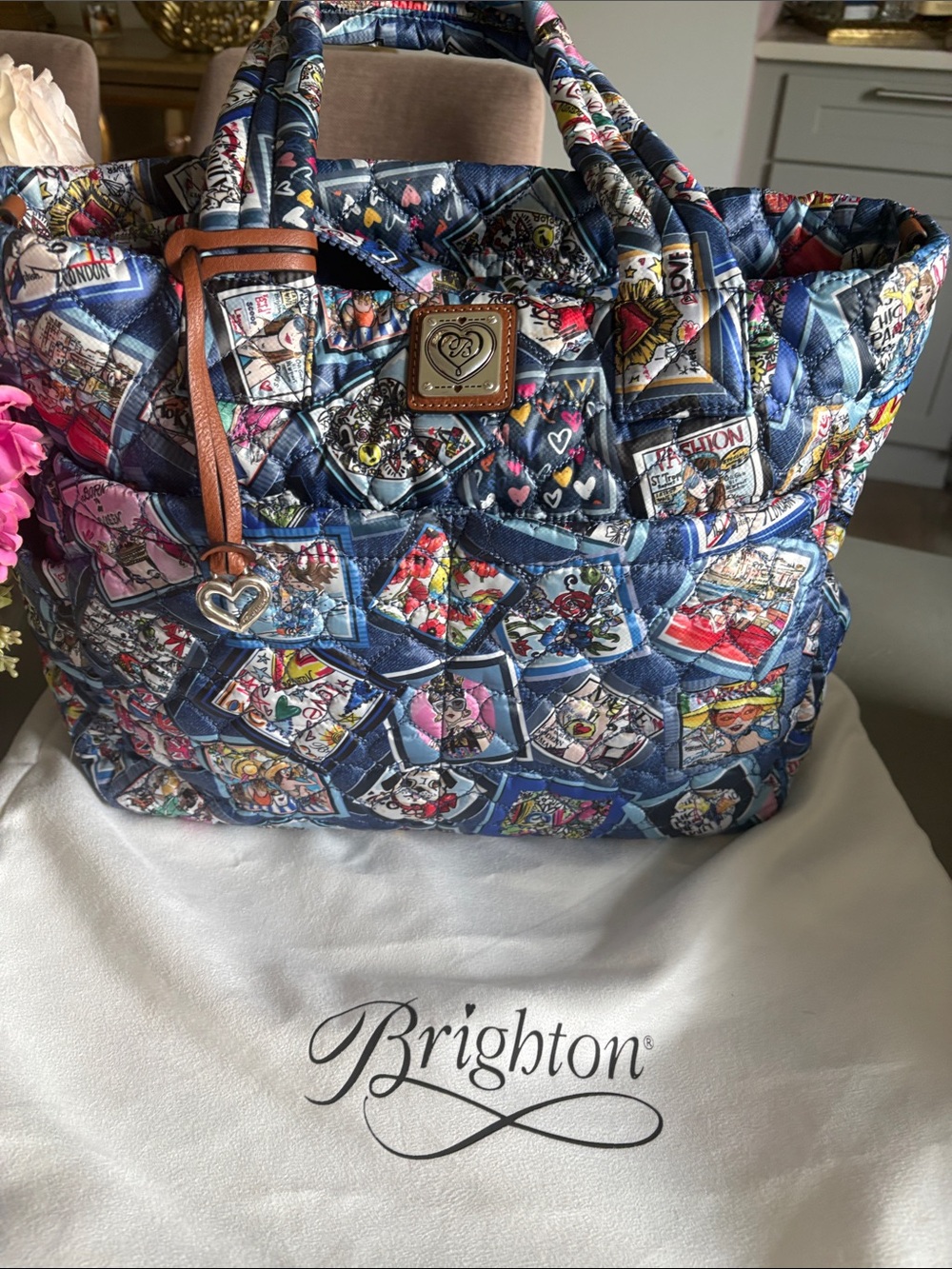 Brighton Navy Multi Quilted Tote with Heart Charm